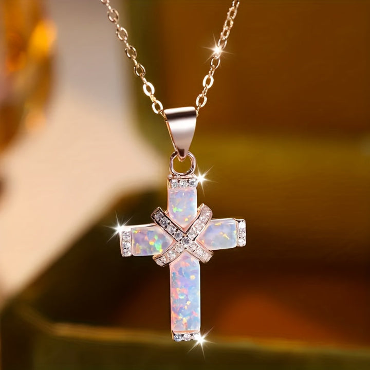 Necklace with Cross Pendant, Crystal, Rose Gold - Women's Mother's Day Gift