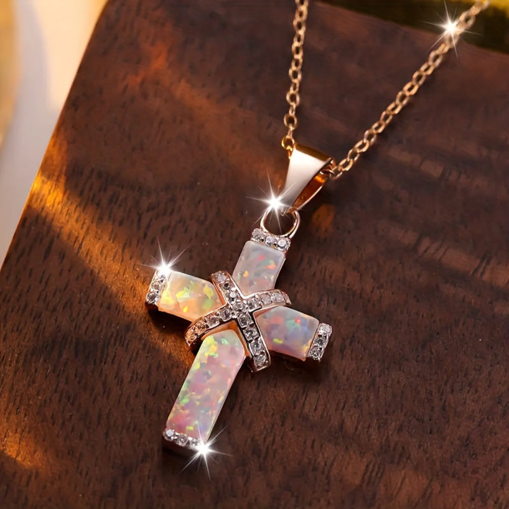 Necklace with Cross Pendant, Crystal, Rose Gold - Women's Mother's Day Gift