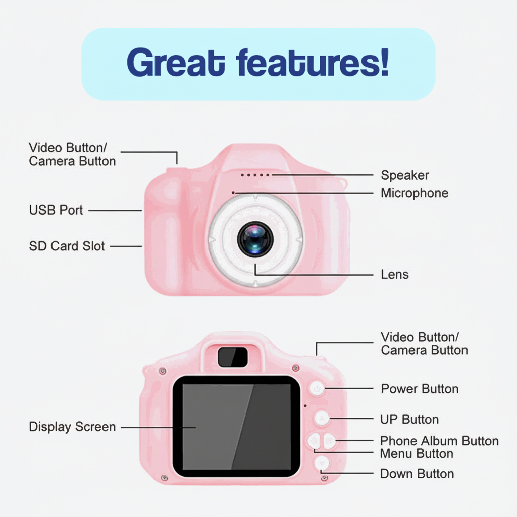 Dětský Fotoaparát Digitální Kamera HD Video 64GB Paměťová Karta