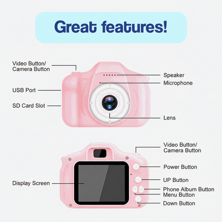 Dětský Fotoaparát Digitální Kamera HD Video 64GB Paměťová Karta
