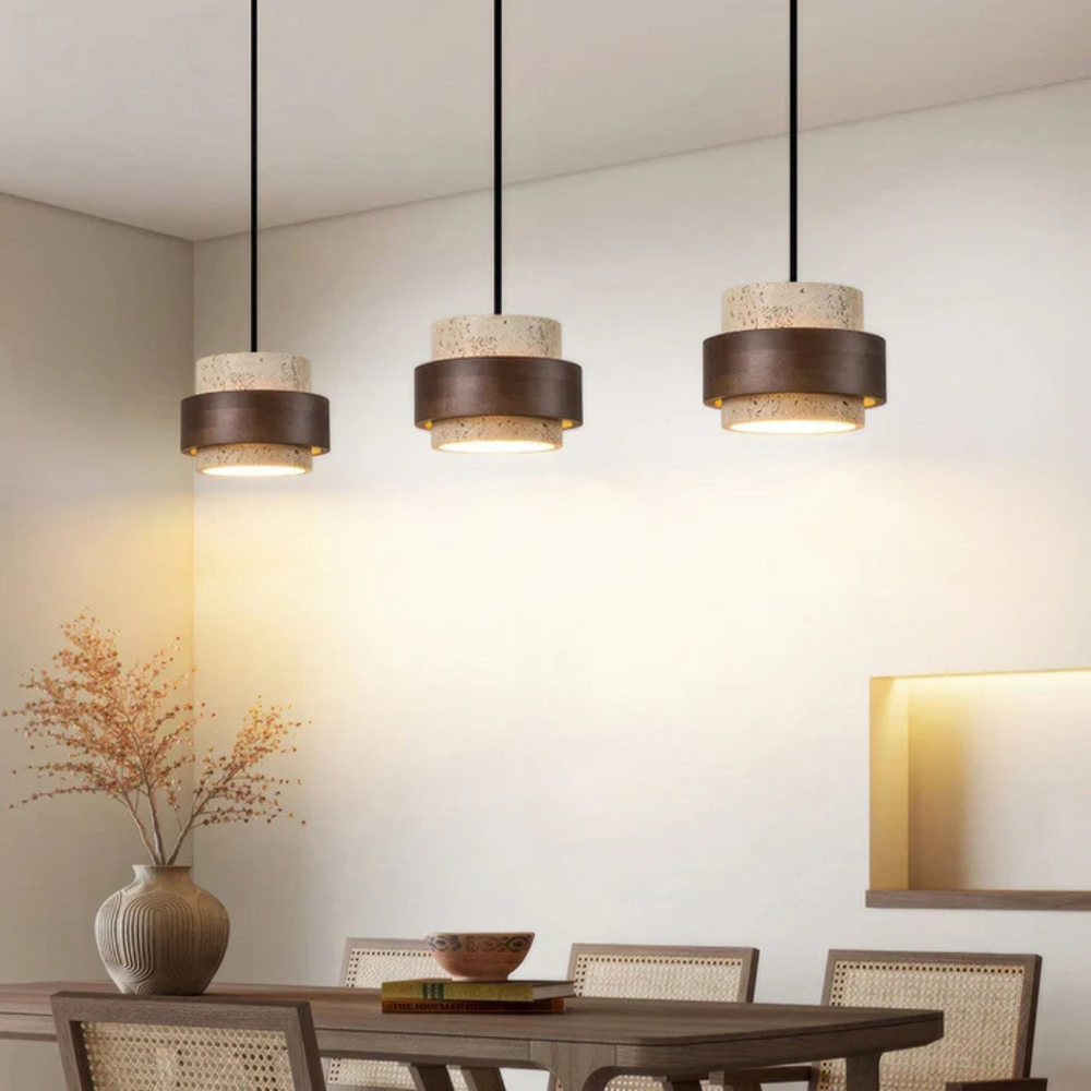 Lampe Suspendue Wabi Sabi en Travertin et Bois Massif – Éclairage Moderne et Élégant 1