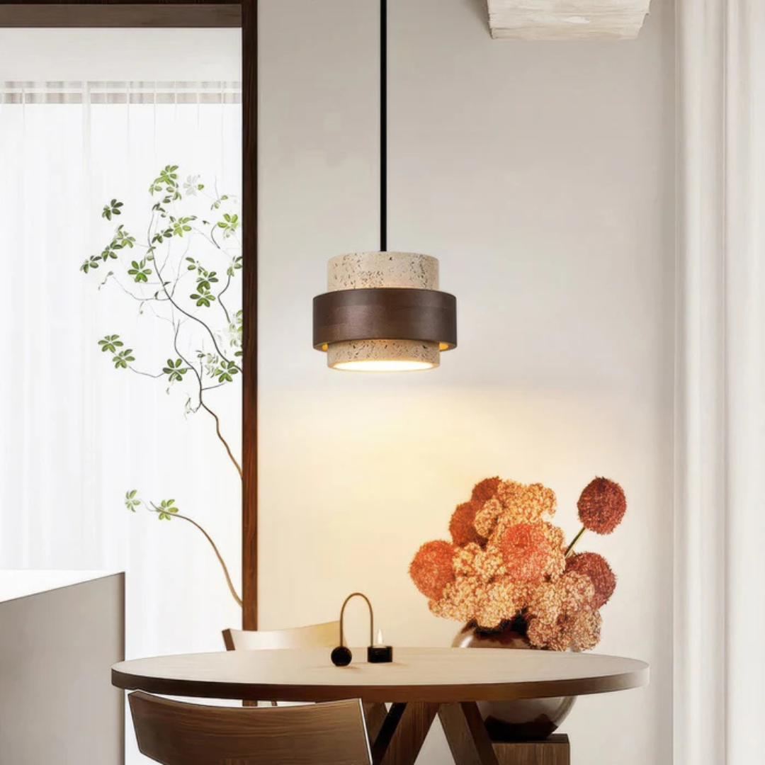 Lampe Suspendue Wabi Sabi en Travertin et Bois Massif – Éclairage Moderne et Élégant 2