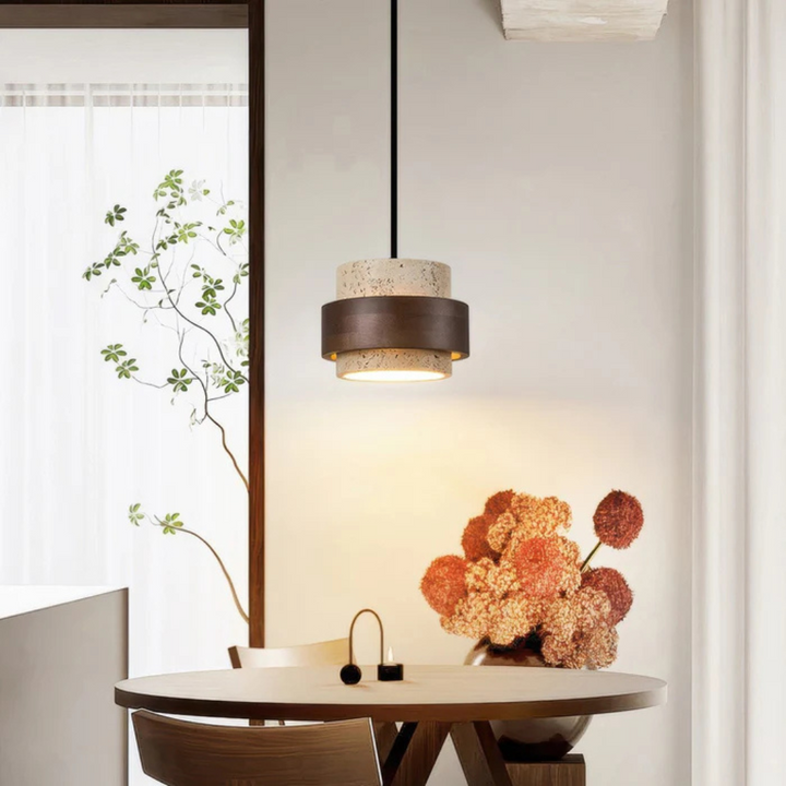 Lampe Suspendue Wabi Sabi en Travertin et Bois Massif – Éclairage Moderne et Élégant 2