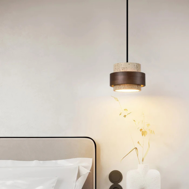 Lampe Suspendue Wabi Sabi en Travertin et Bois Massif – Éclairage Moderne et Élégant 3