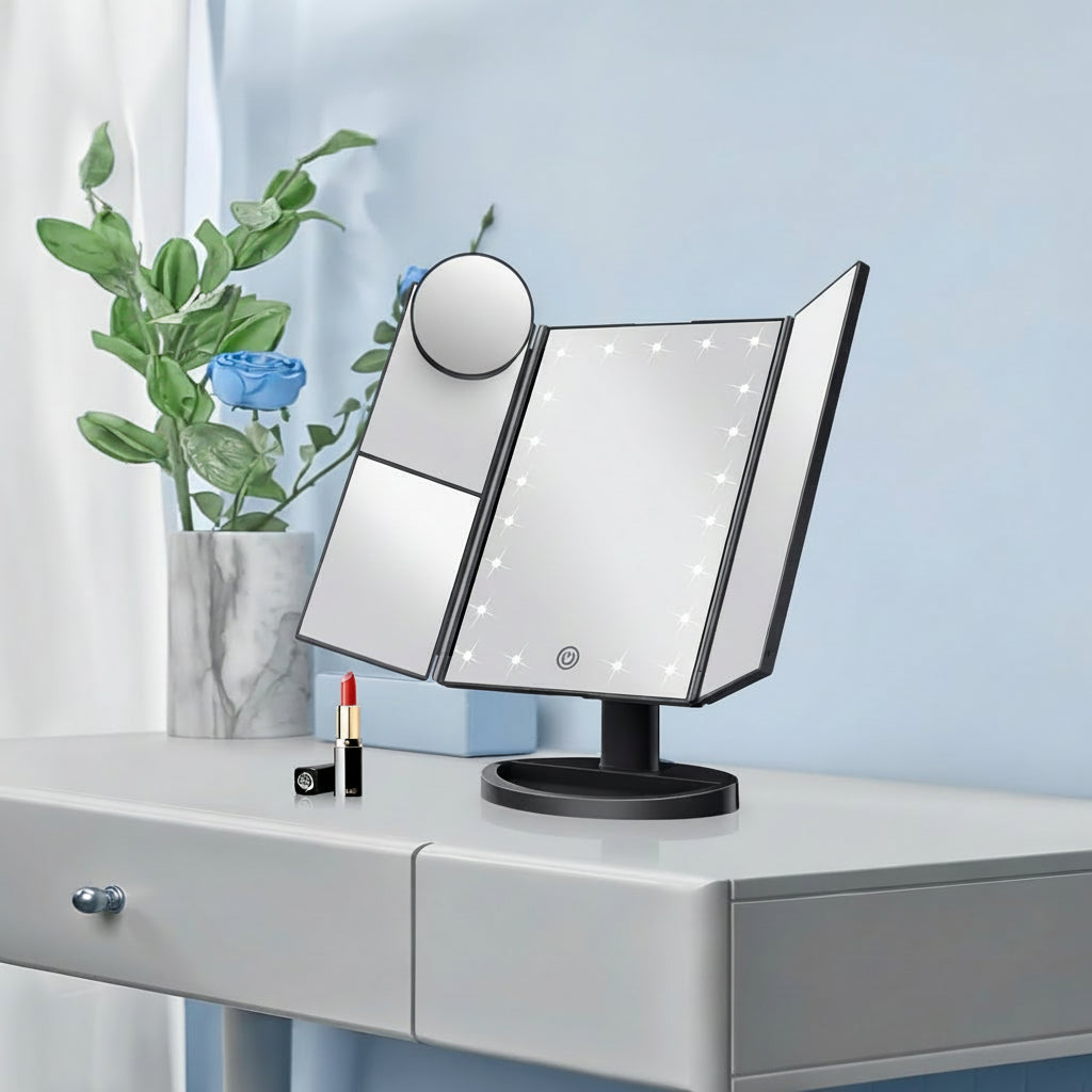 Specchio da Trucco Illuminato con Tre Ante, LED e Ingrandimento per Scrivania