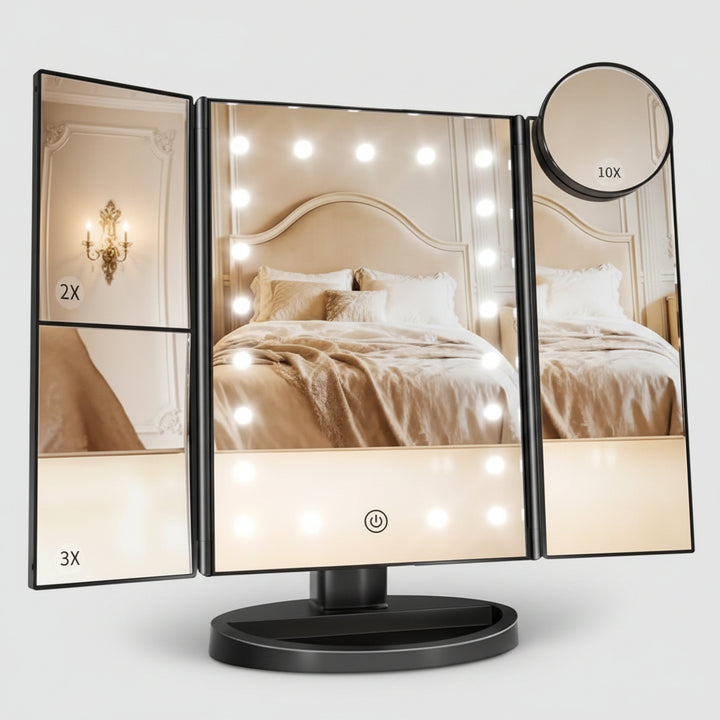 Specchio da Trucco Illuminato con Tre Ante, LED e Ingrandimento per Scrivania