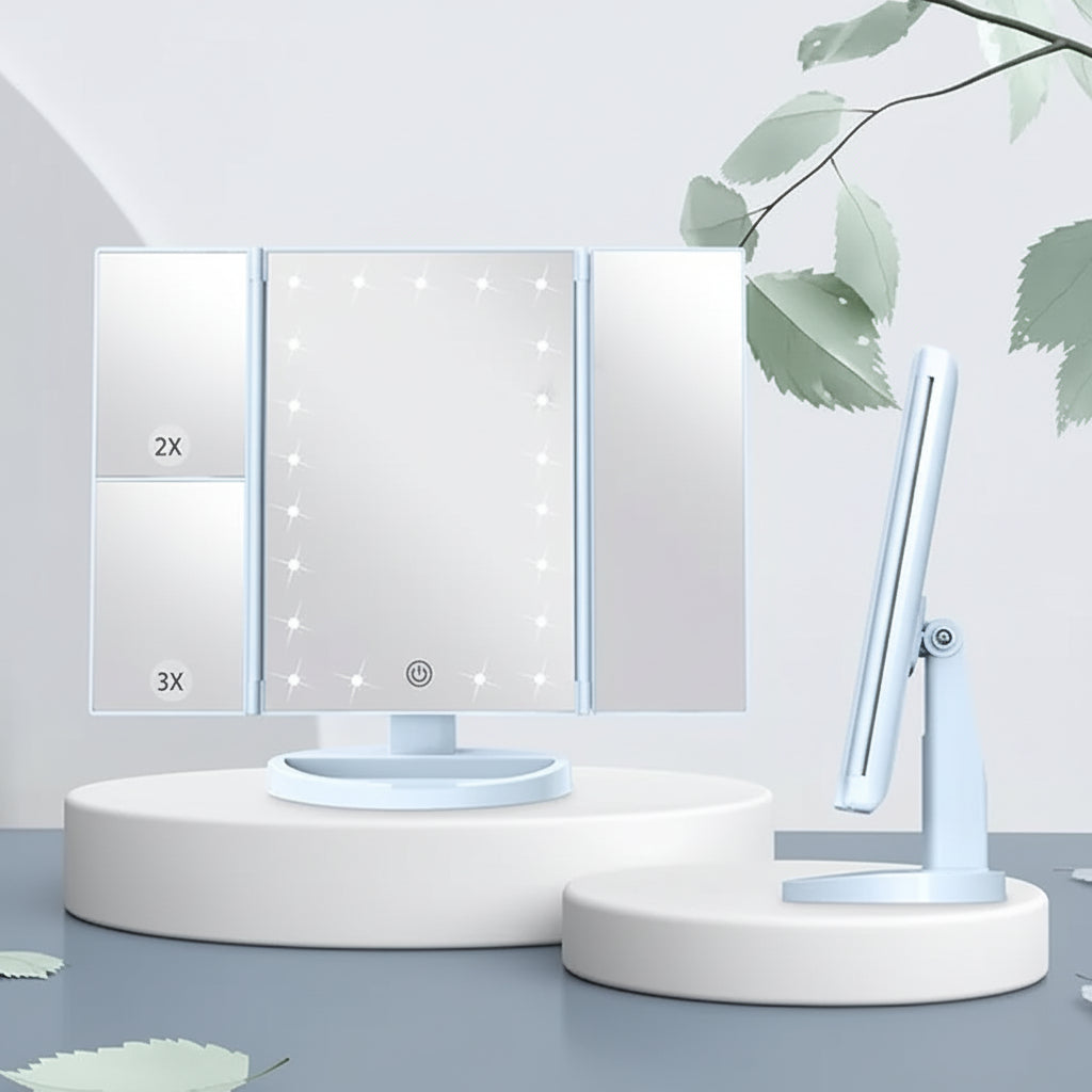 Specchio da Trucco Illuminato con Tre Ante, LED e Ingrandimento per Scrivania