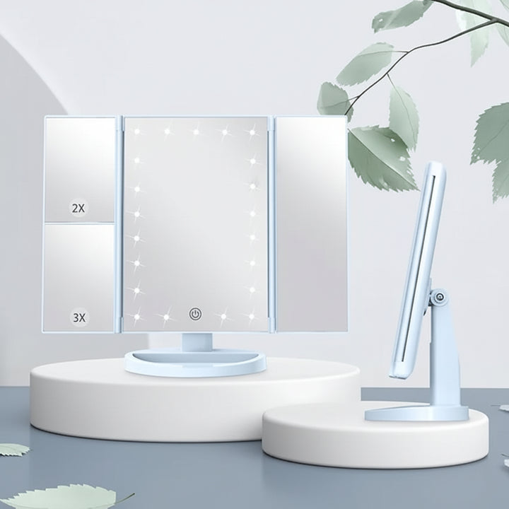 Specchio da Trucco Illuminato con Tre Ante, LED e Ingrandimento per Scrivania