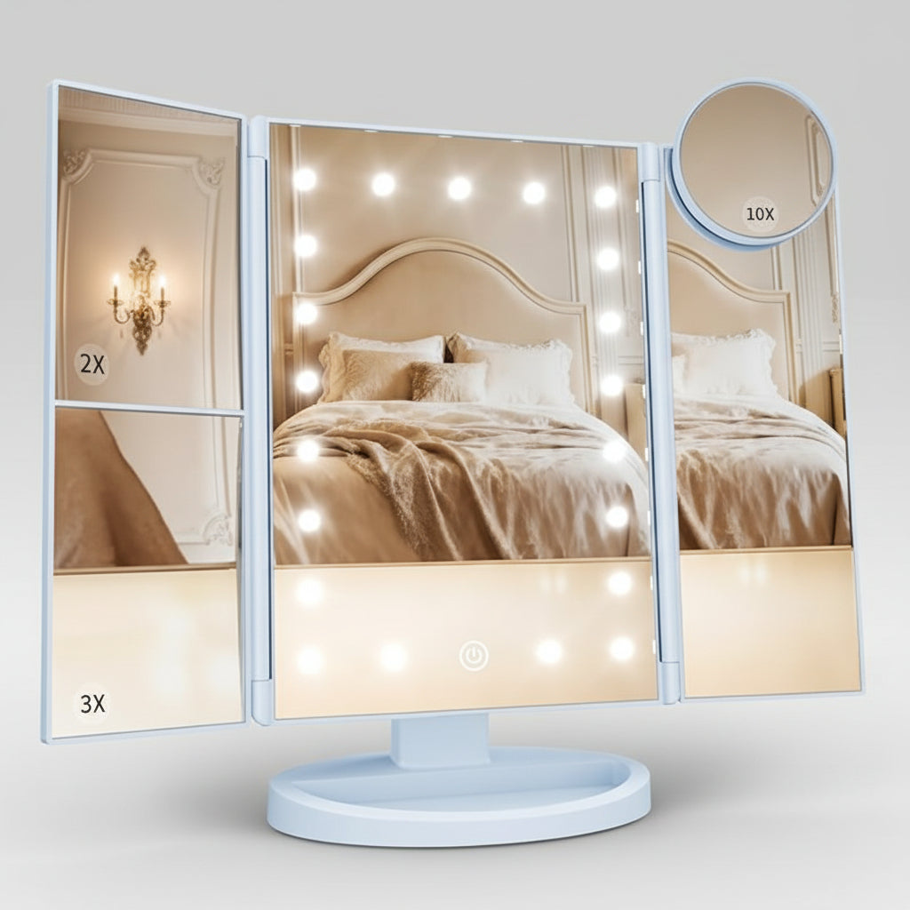 Specchio da Trucco Illuminato con Tre Ante, LED e Ingrandimento per Scrivania