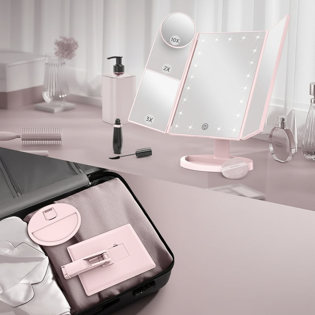 Specchio da Trucco Illuminato con Tre Ante, LED e Ingrandimento per Scrivania