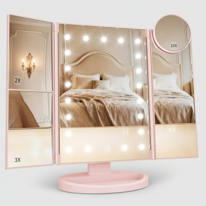 Specchio da Trucco Illuminato con Tre Ante, LED e Ingrandimento per Scrivania
