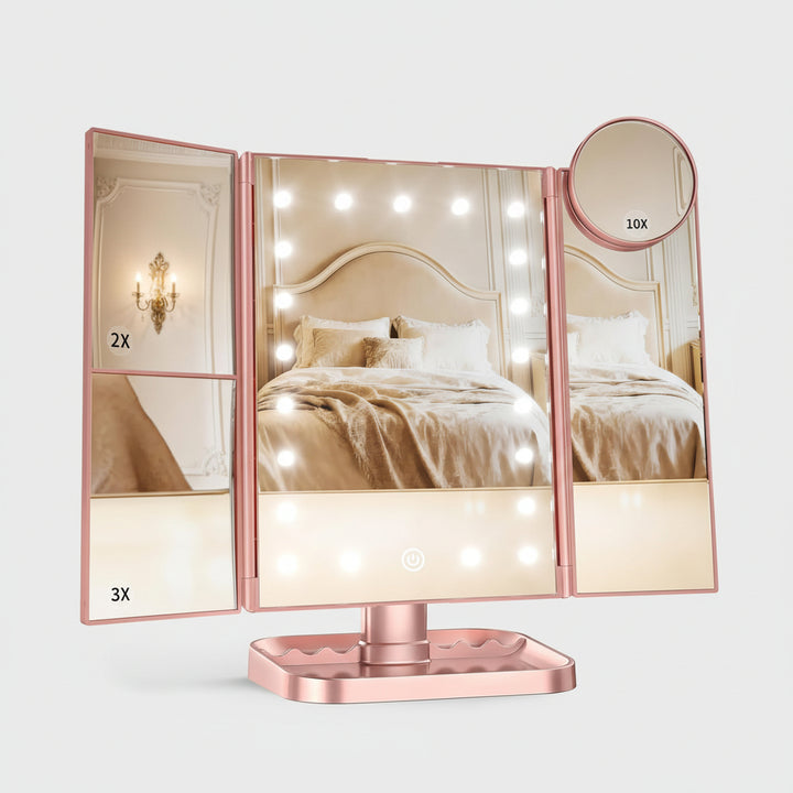 Specchio da Trucco Illuminato con Tre Ante, LED e Ingrandimento per Scrivania