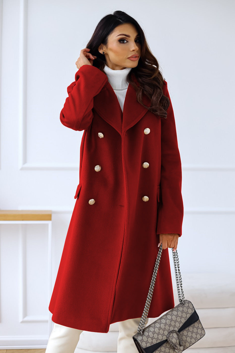 Manteau Hiver Femme en Laine, Trench Long Chic à Double Boutonnage avec Poches Latérales 8