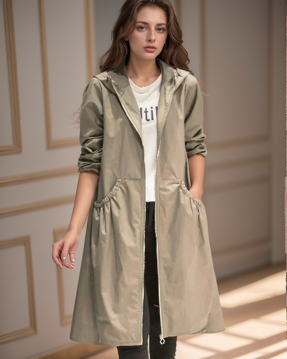 Manteau Imperméable Mi-Long Femme avec Capuche et Fermeture Éclair – Manteau Hiver Femme Élégant et Pratique 1