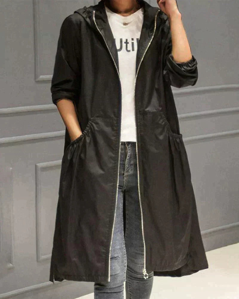 Manteau Imperméable Mi-Long Femme avec Capuche et Fermeture Éclair – Manteau Hiver Femme Élégant et Pratique 3