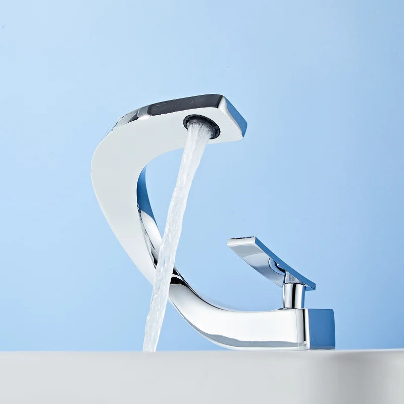 Mitigeur de Lavabo Élégant en Laiton Doré et Blanc avec Poignée Unique – Robinet Salle de Bain Moderne et Pratique 0