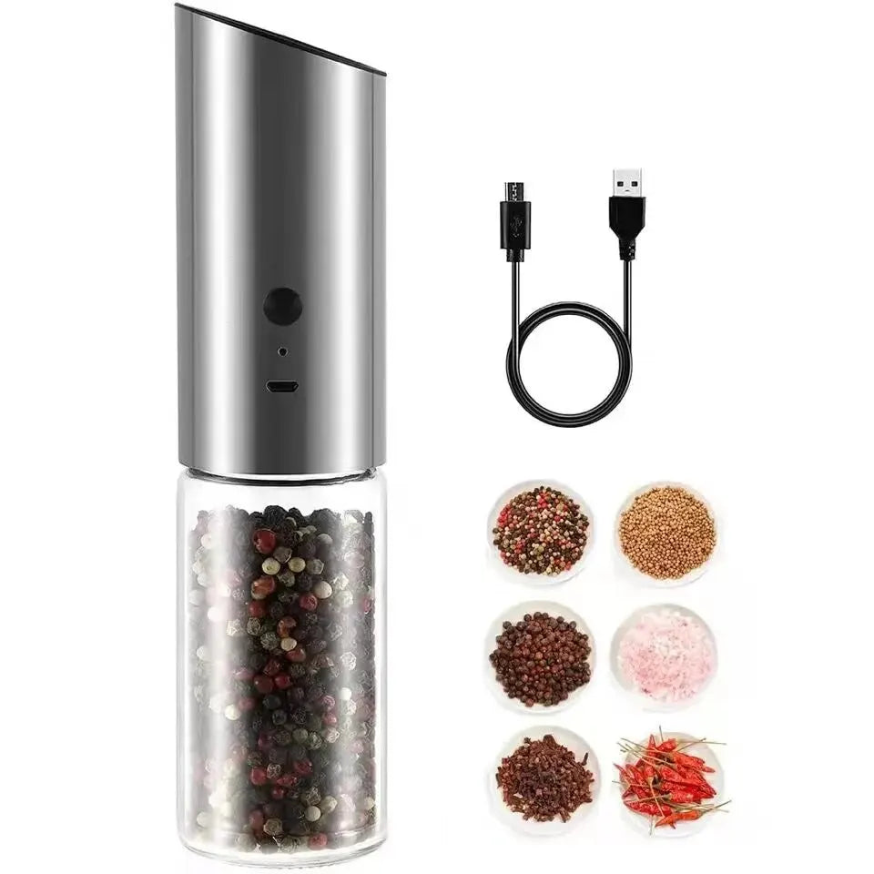Moulin à Poivre Électrique Rechargeable en Acier Inoxydable avec Mouture Automatique et Réglage de Finesse 0