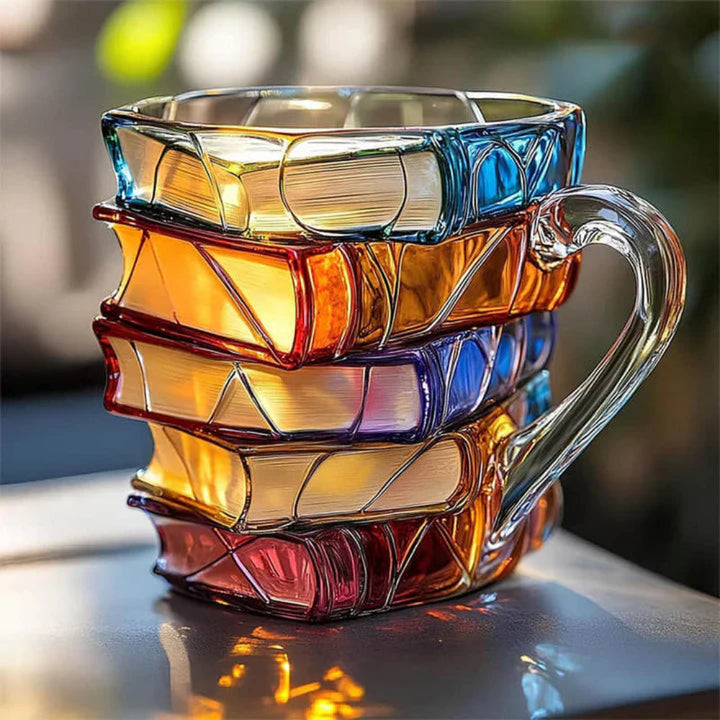 Mug à café en verre de 350 ml avec motif de livre en 3D - Verre de haute qualité, fabriqué artisanalement 0