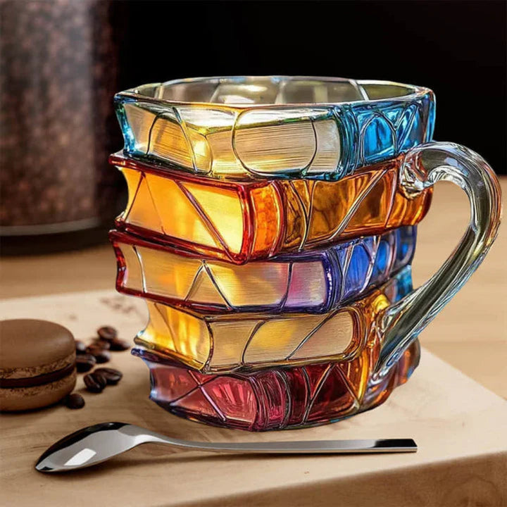 Mug à café en verre de 350 ml avec motif de livre en 3D - Verre de haute qualité, fabriqué artisanalement 1