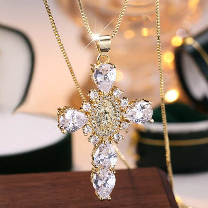 Vintage Gold Zircon Cross Pendant Necklace Mother's Day Gift