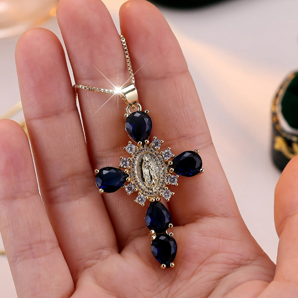 Vintage Gold Zircon Cross Pendant Necklace Mother's Day Gift