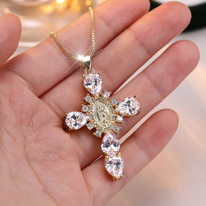 Vintage Gold Zircon Cross Pendant Necklace Mother's Day Gift