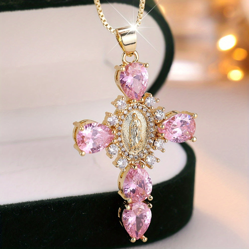 Vintage Gold Zircon Cross Pendant Necklace Mother's Day Gift
