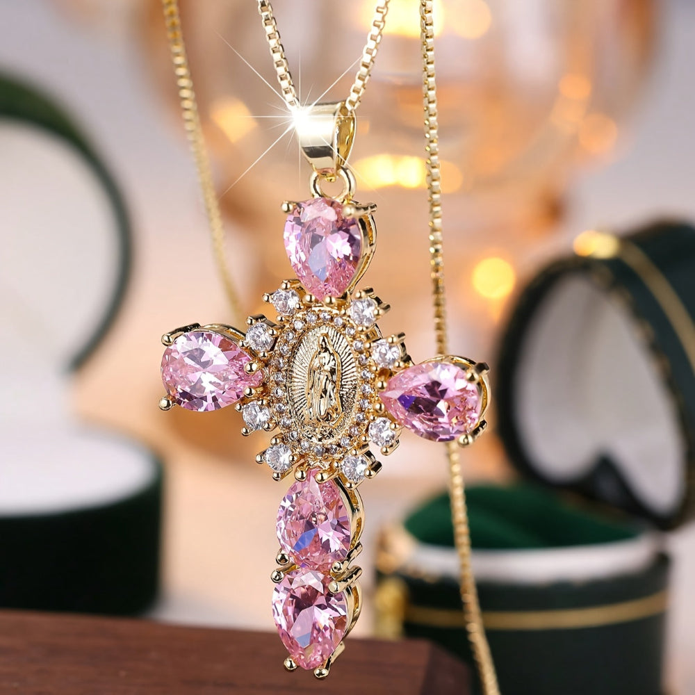 Vintage Gold Zircon Cross Pendant Necklace Mother's Day Gift