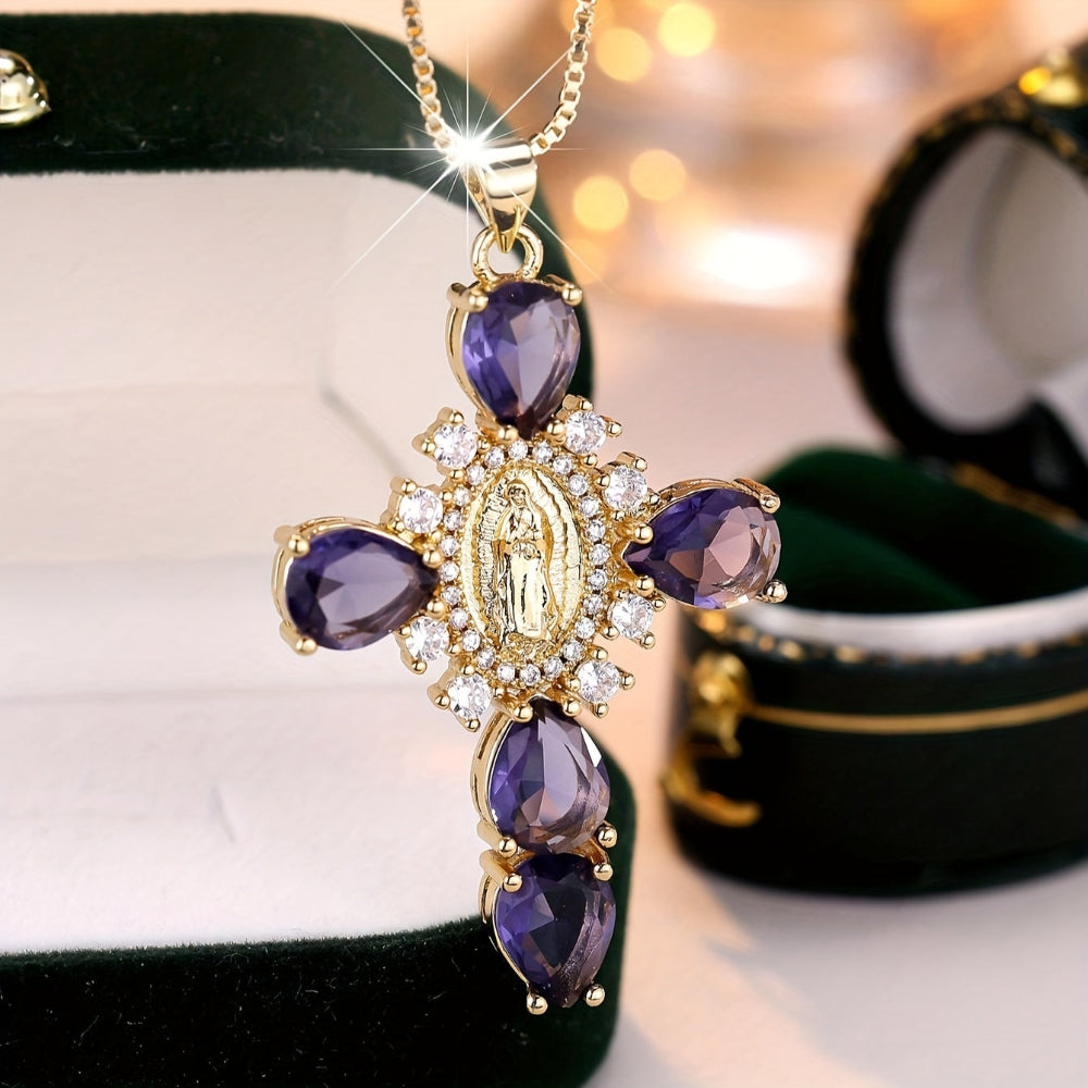 Vintage Gold Zircon Cross Pendant Necklace Mother's Day Gift