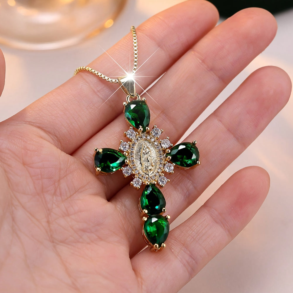 Vintage Gold Zircon Cross Pendant Necklace Mother's Day Gift