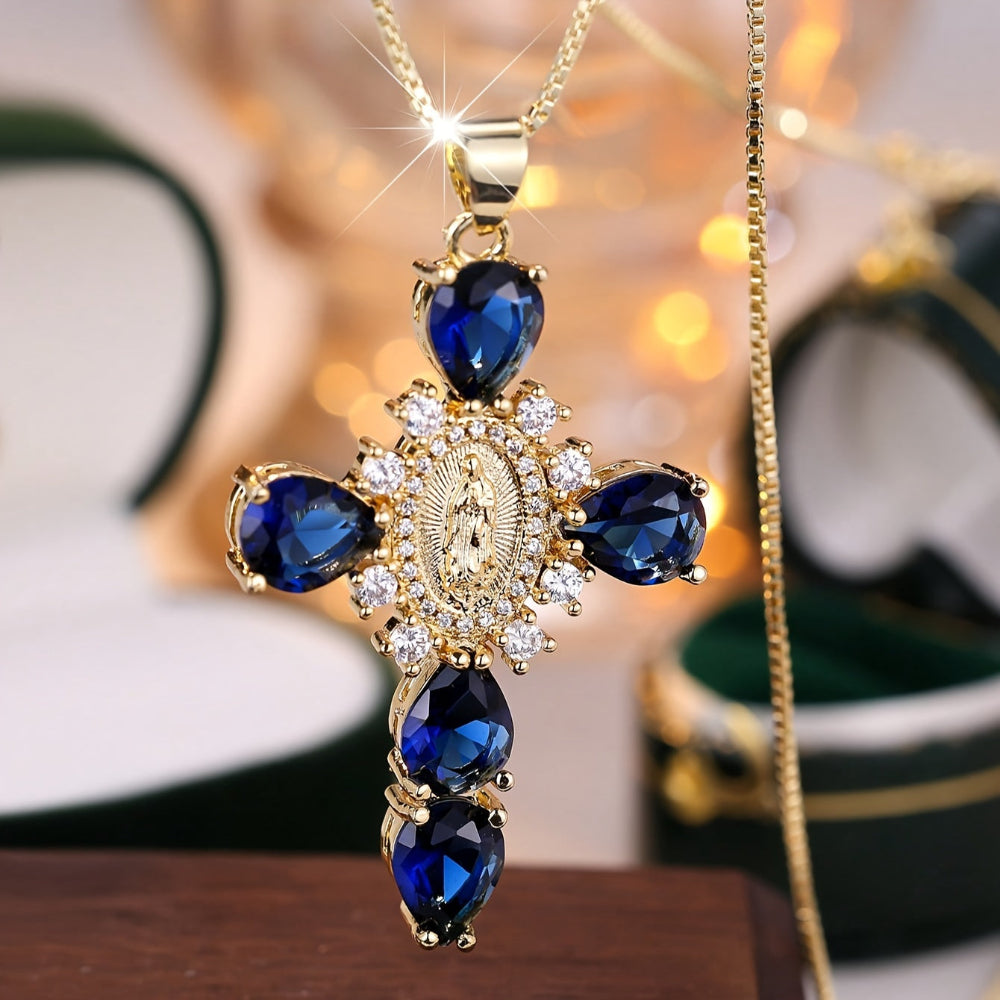 Vintage Gold Zircon Cross Pendant Necklace Mother's Day Gift