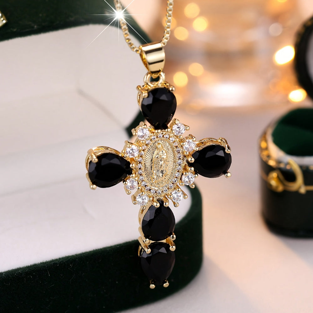 Vintage Gold Zircon Cross Pendant Necklace Mother's Day Gift
