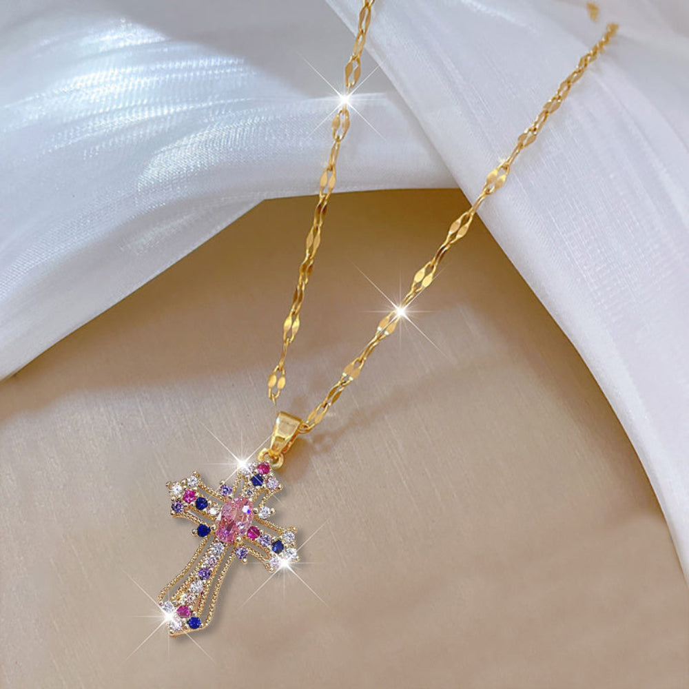 Halskette Kreuzanhänger Bunter Kristall Gold Muttertagsgeschenk