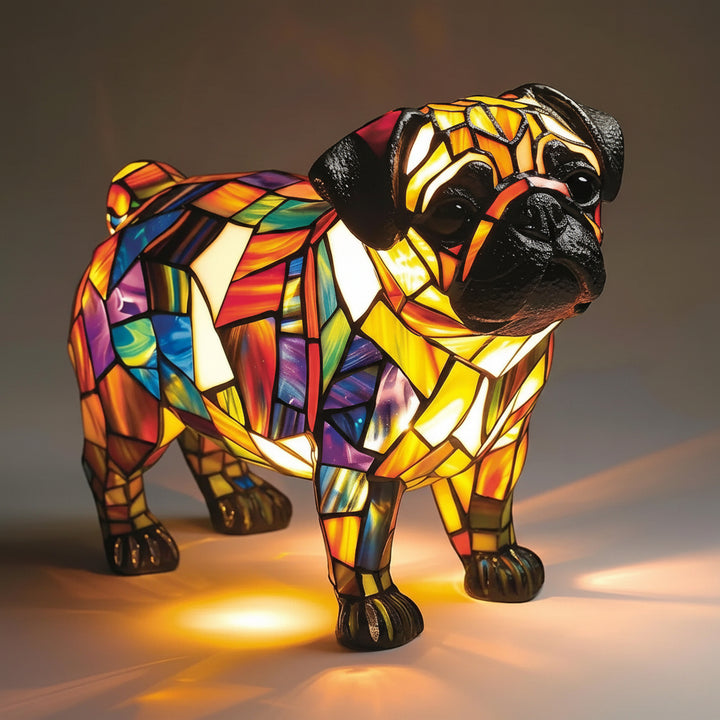 Dog Table Lamp Stained Glass LED Night Light Resin Decor