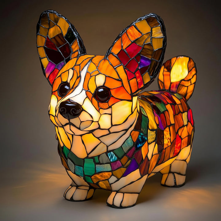 Dog Table Lamp Stained Glass LED Night Light Resin Decor