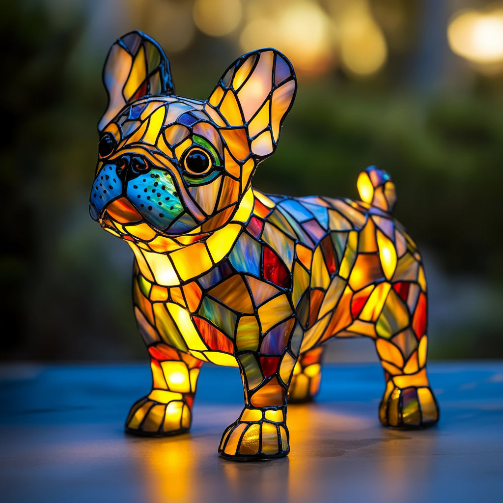 Dog Table Lamp Stained Glass LED Night Light Resin Decor