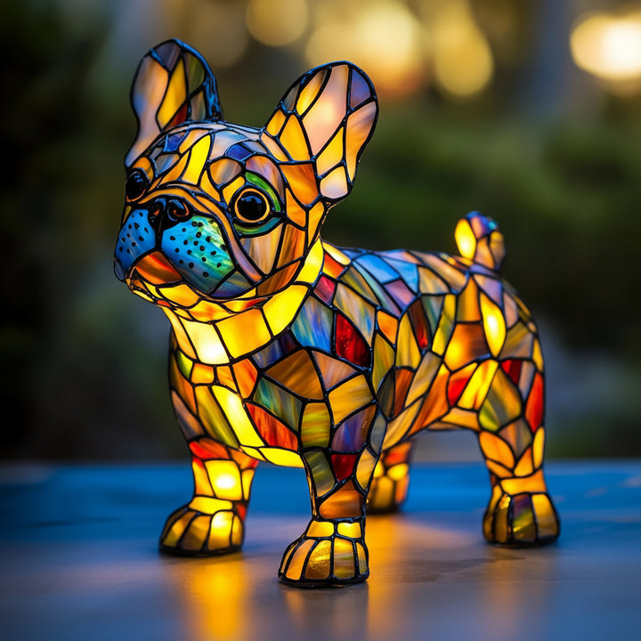 Dog Table Lamp Stained Glass LED Night Light Resin Decor