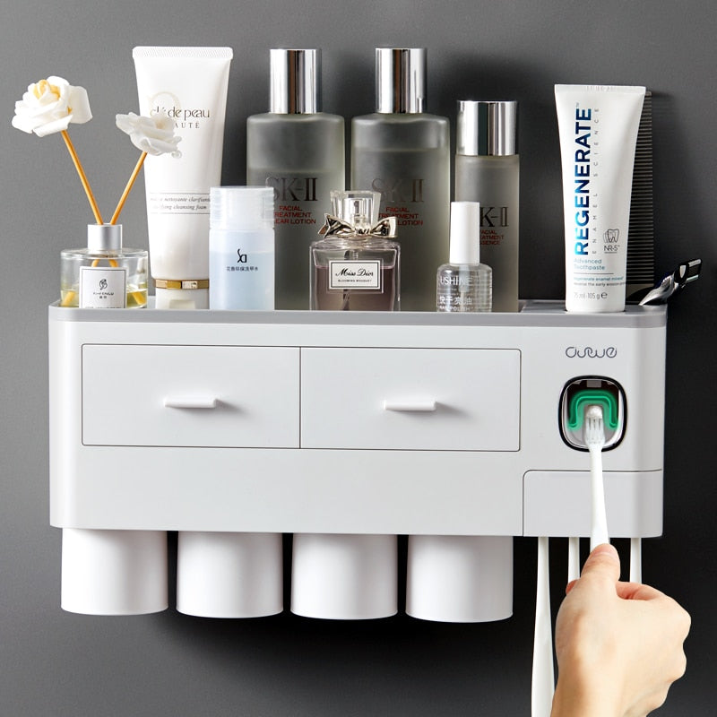 Organisateur Salle de Bain avec Distributeur de Dentifrice - Ensemble Rangement Pratique Minimaliste, Installation Facile 0