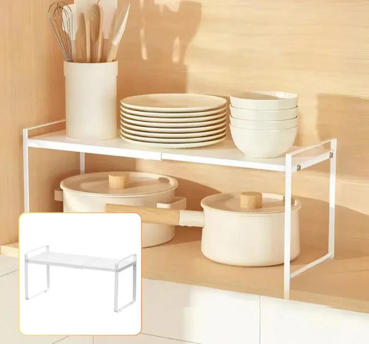 Organisateur de Cuisine Extensible en Métal Blanc – Rangement Élégant pour Placard Cuisine, Assiettes et Tasses 0