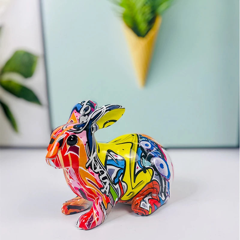 Ornement de Table en Résine Multicolore - Statue de Lapin avec Motif Graffiti, 21 cm pour Décoration Intérieure et Extérieure 0