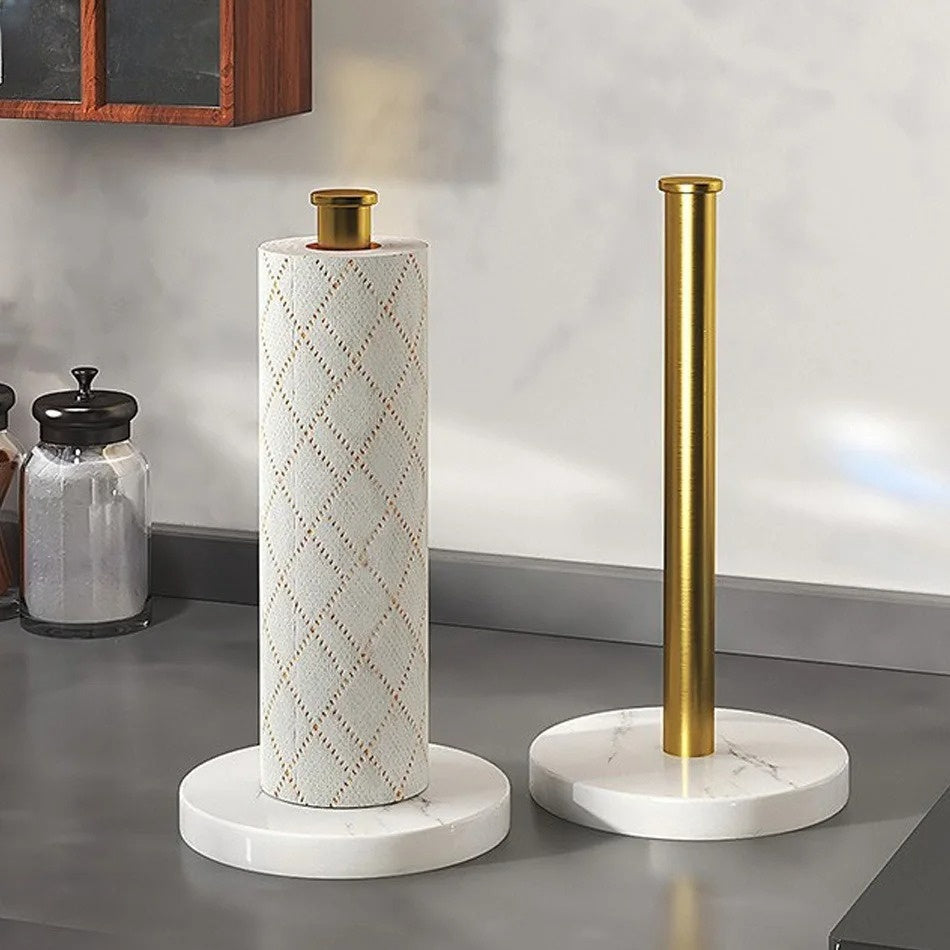 Porte-Rouleau de Cuisine en Marbre avec Accents Dorés – Support Élégant pour Rouleaux Jumbo et Standard 0