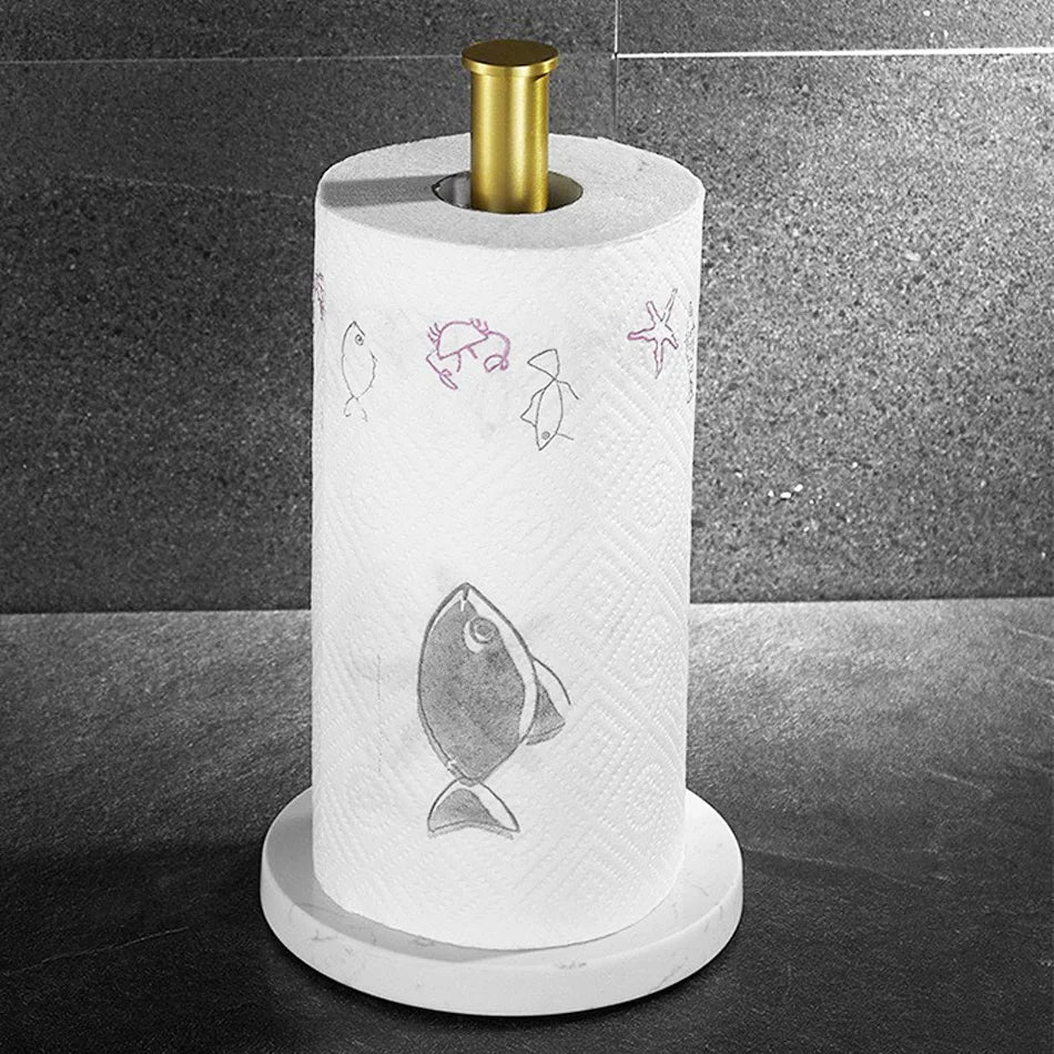 Porte-Rouleau de Cuisine en Marbre avec Accents Dorés – Support Élégant pour Rouleaux Jumbo et Standard 1