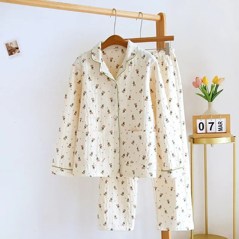 Pyjama Femme Hiver Chaud à Manches Longues Floral – Ensemble Confortable en Coton pour Nuits Relaxantes 3