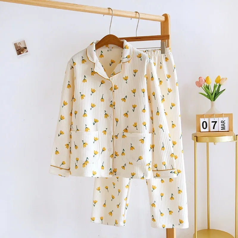 Pyjama Femme Hiver Chaud à Manches Longues Floral – Ensemble Confortable en Coton pour Nuits Relaxantes 4