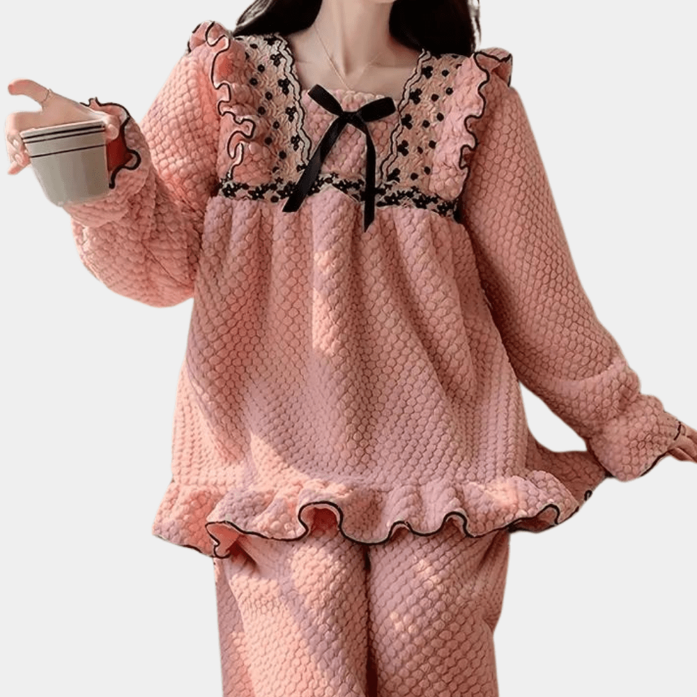 Pyjama Femme Hiver Élégeant Rose, Chaud et Doux avec Détails Volants – Confort Optimal pour Nuits Douillettes 2