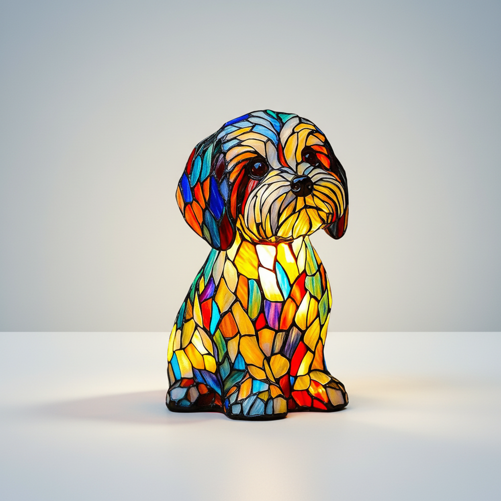 Dog Table Lamp Stained Glass LED Night Light Resin Decor