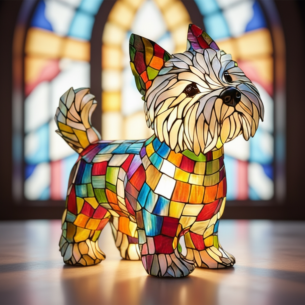 Dog Table Lamp Stained Glass LED Night Light Resin Decor