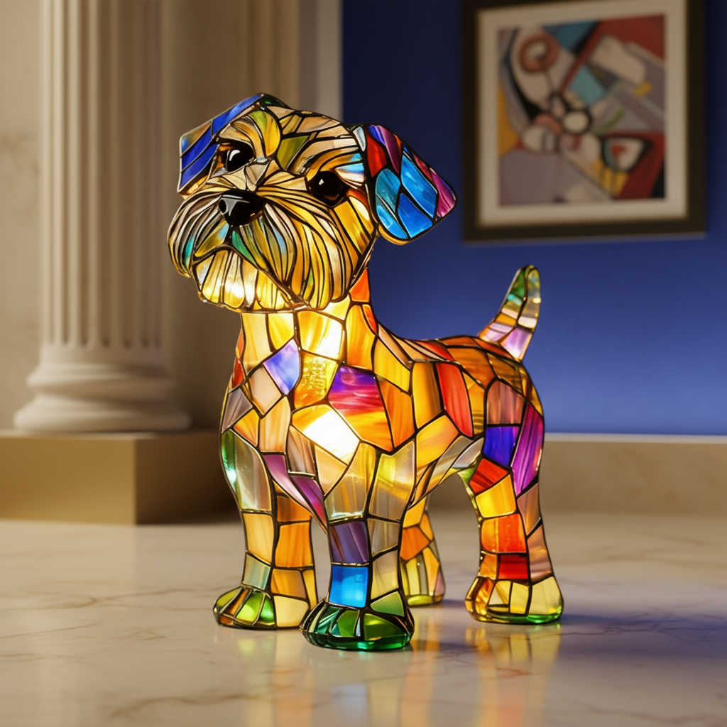 Dog Table Lamp Stained Glass LED Night Light Resin Decor