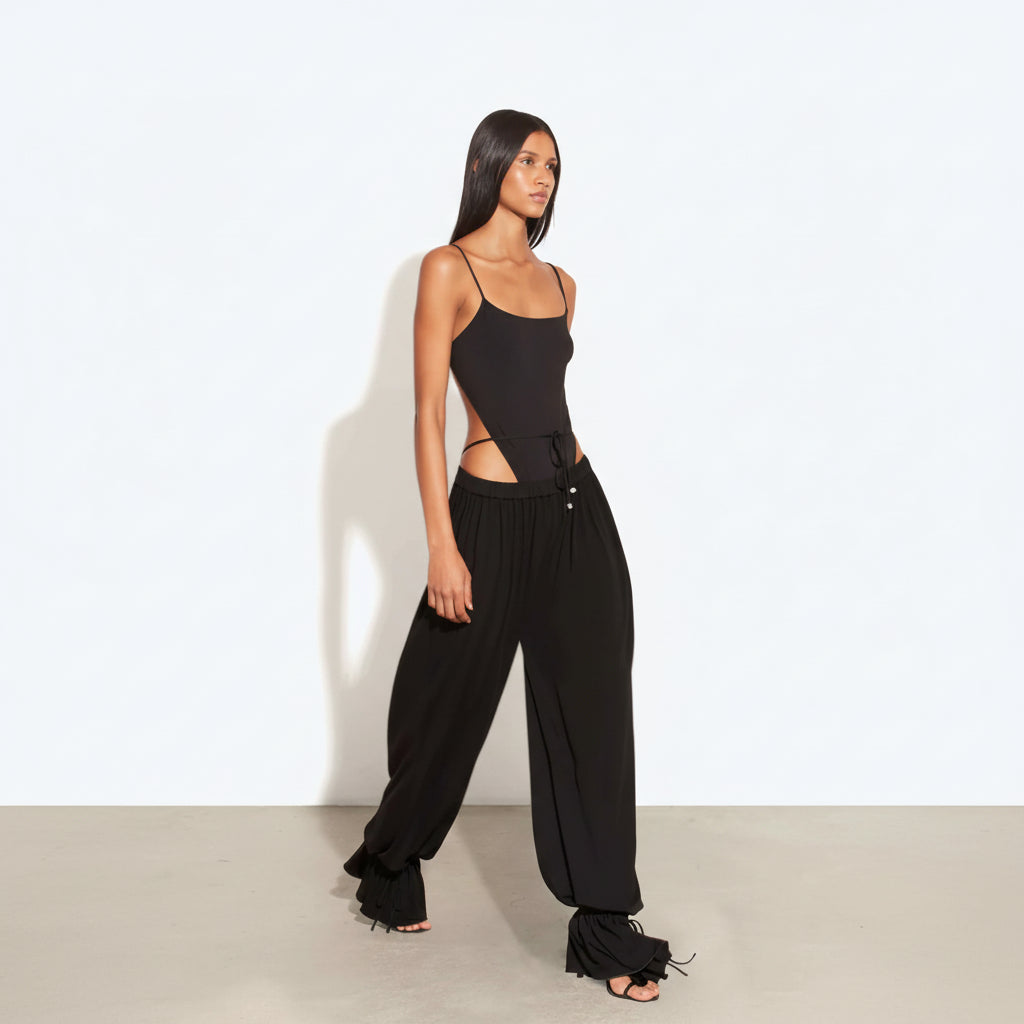 Costume da bagno donna con pantaloni a gamba larga, spalline regolabili, due pezzi