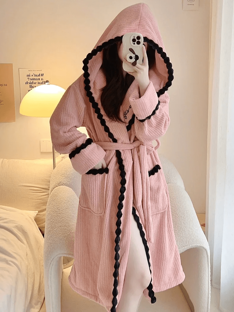 Robe Longue Femme en Velours Corail Épais avec Capuche – Confort Optimal et Élégance pour Automne Hiver 0
